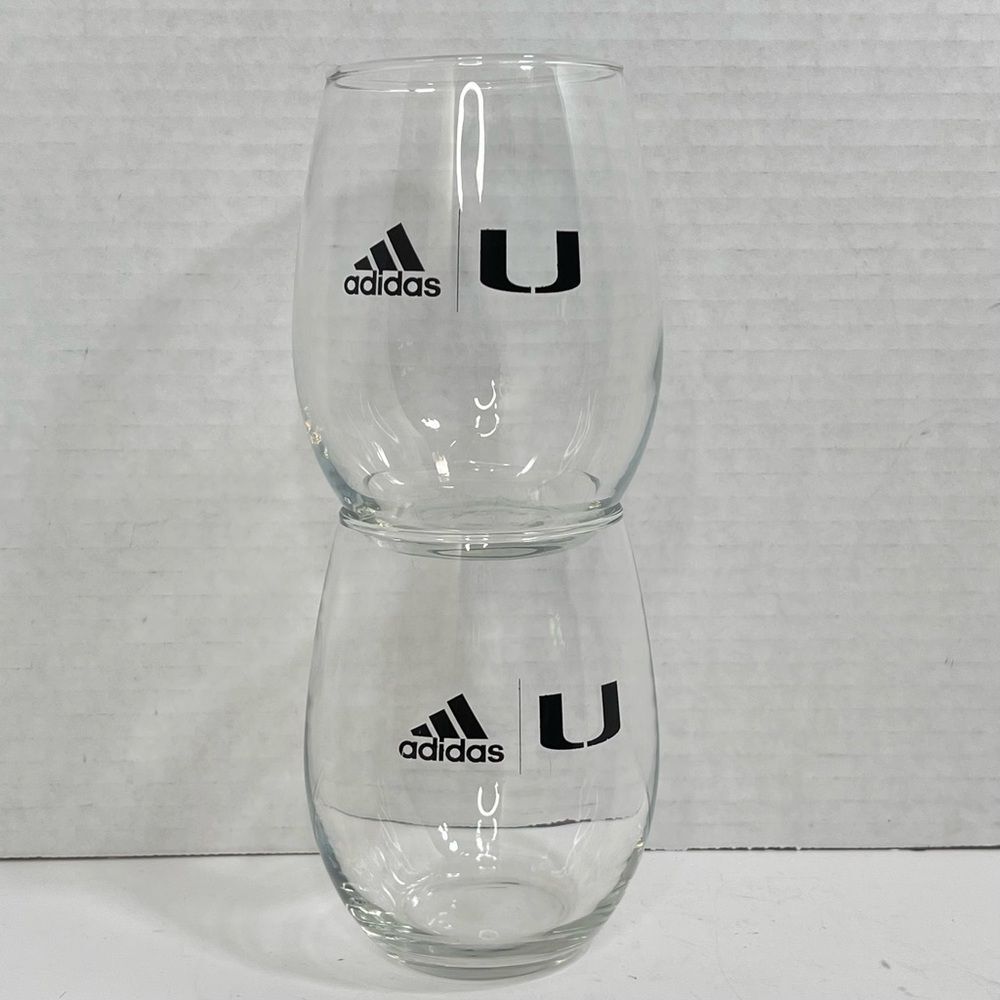Adidas University of Miami Hurricanes Stemless Wine Glasses UM Clear Set of 2 - Picture 3 of 6
